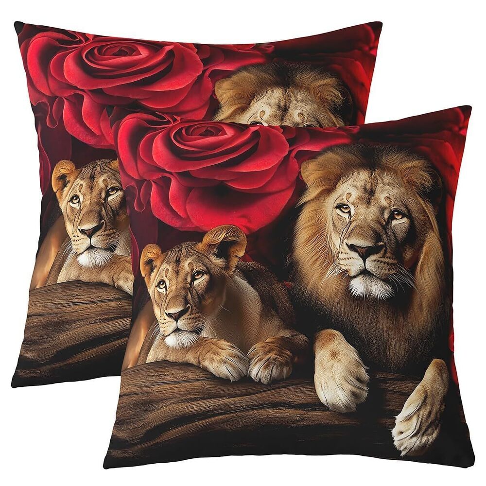 1605 Rose Flower Pillow Covers, Animal Lion Print Throw Pillow Covers